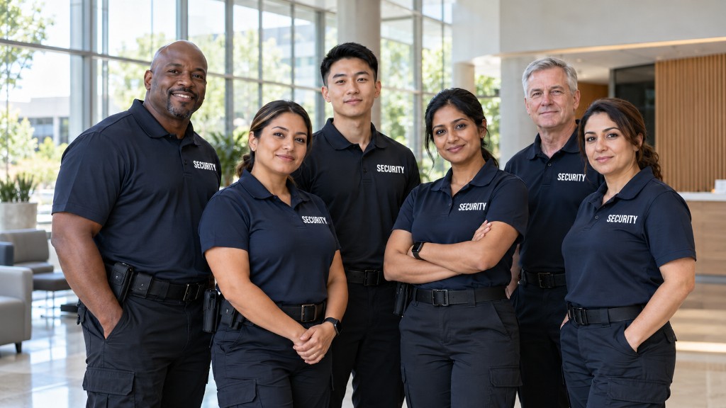 Multicultural team of uniformed security officers in a bright lobby